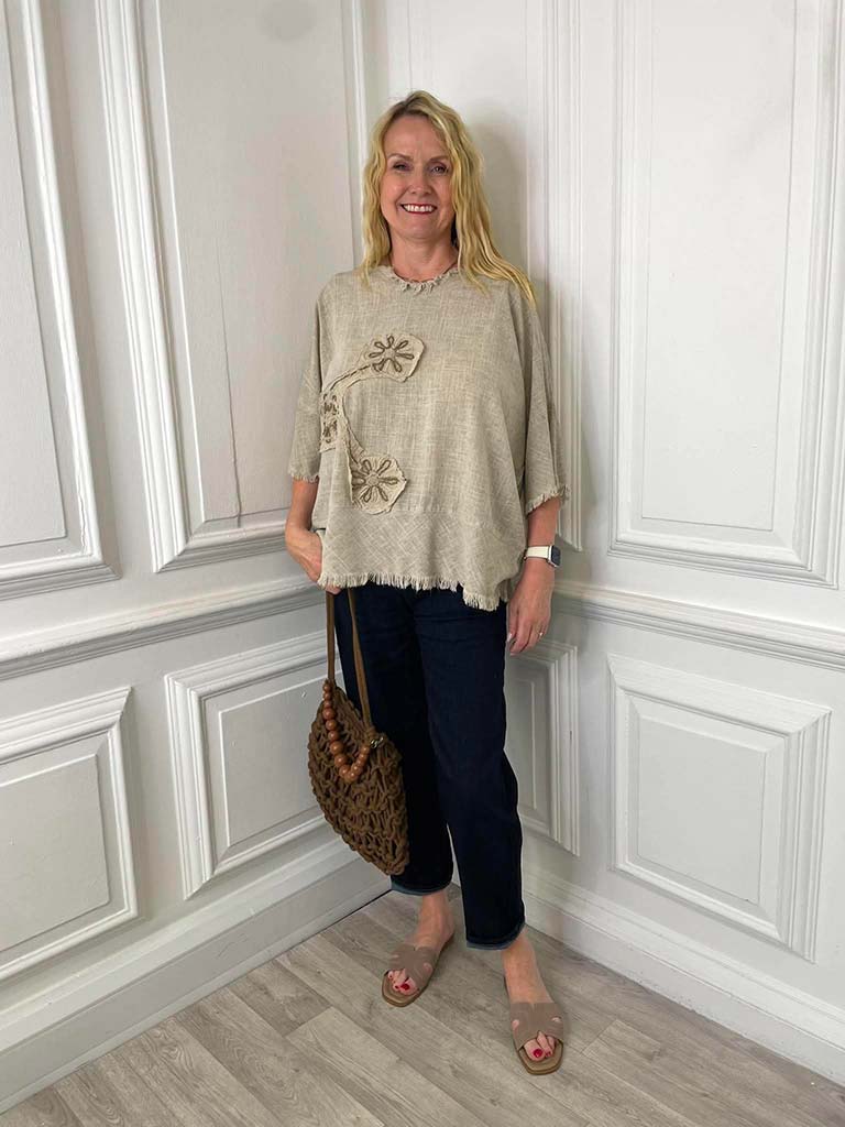 Flower Stitch Raw Edge Top - Sand