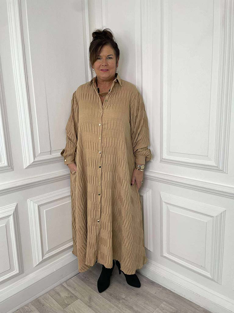 Textured Pleat Shirt Dress - Sand