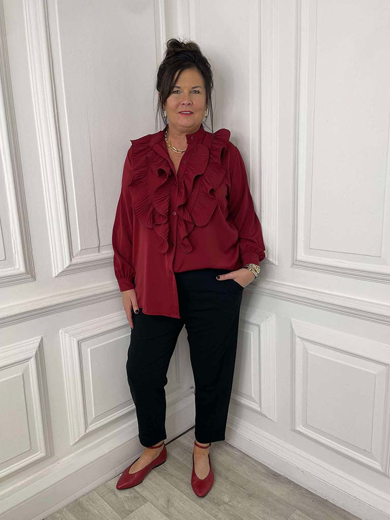 Plissé Ruffle Shirt - Ruby