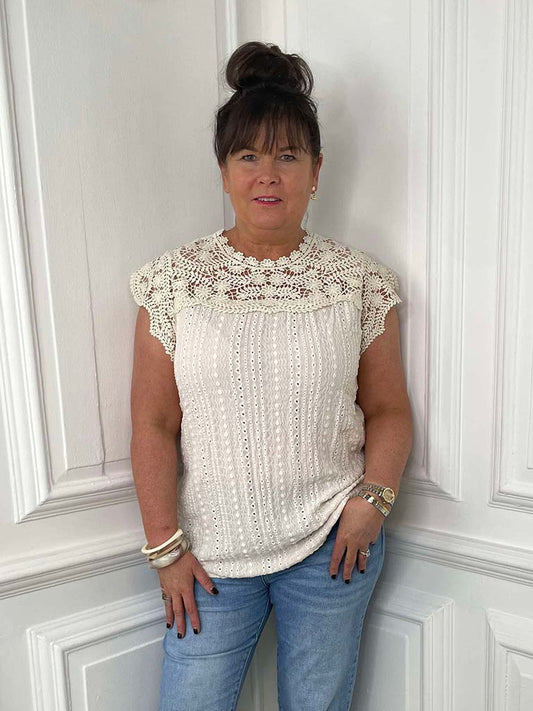 Broderie Anglaise Crochet Top - Ecru