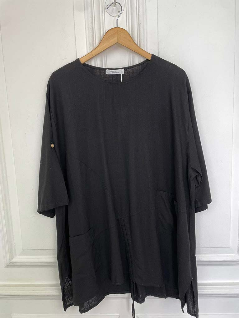 Two Pocket Drawstring Top - Black