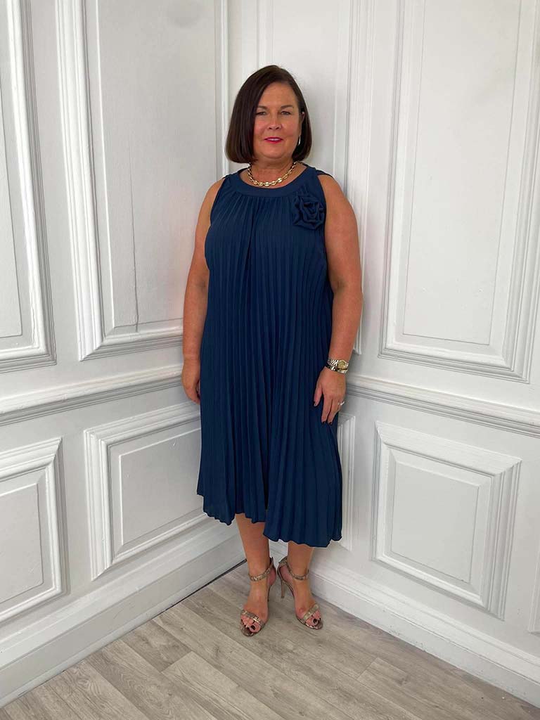 Pleated Flower Midi Dress - Navy