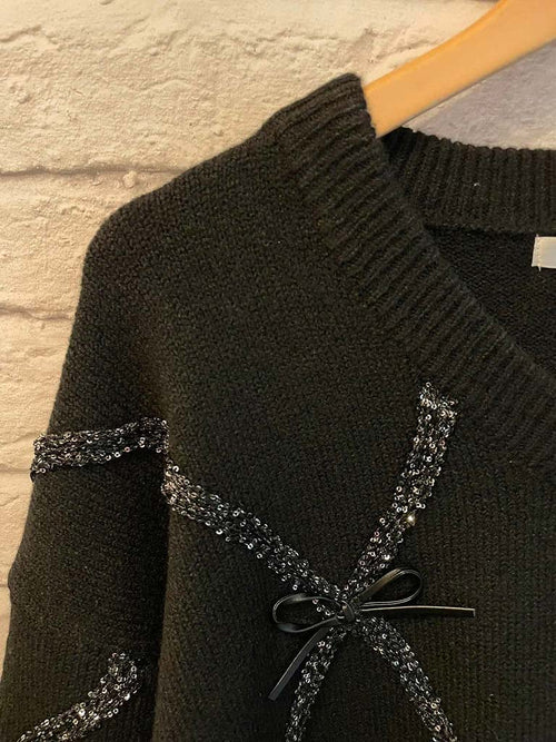 Malissa J Sequin Bow Knit - Black