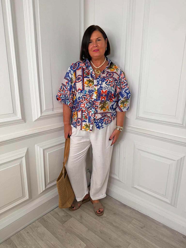 Puff Sleeve Tile Print Blouse