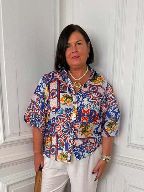 Puff Sleeve Tile Print Blouse