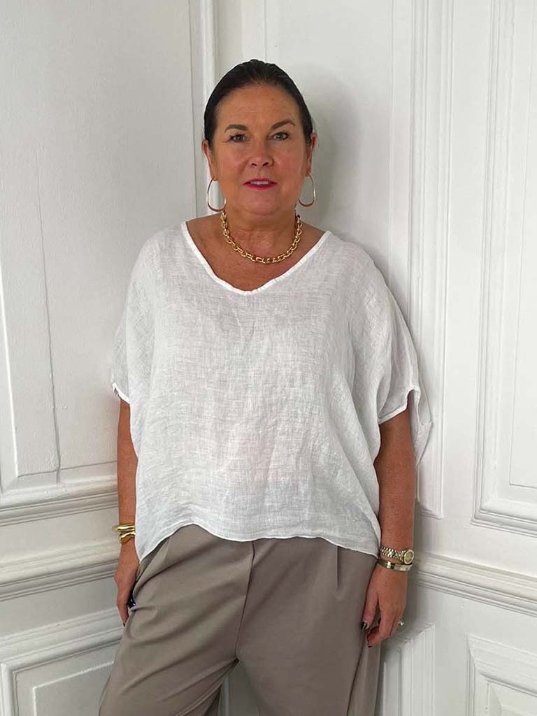 Linen V-Neck Top - White