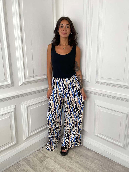 Diamond Print Plissé Palazzos - Navy & Stone