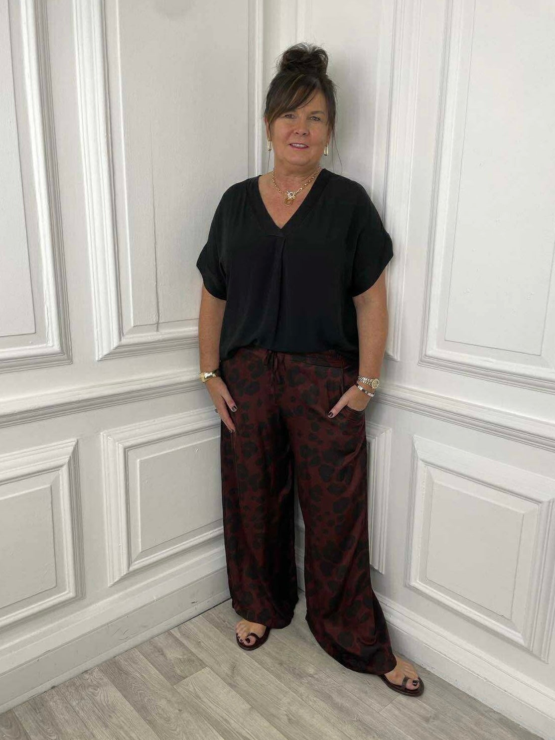 Leopard Silk Mix Palazzos - Burgundy