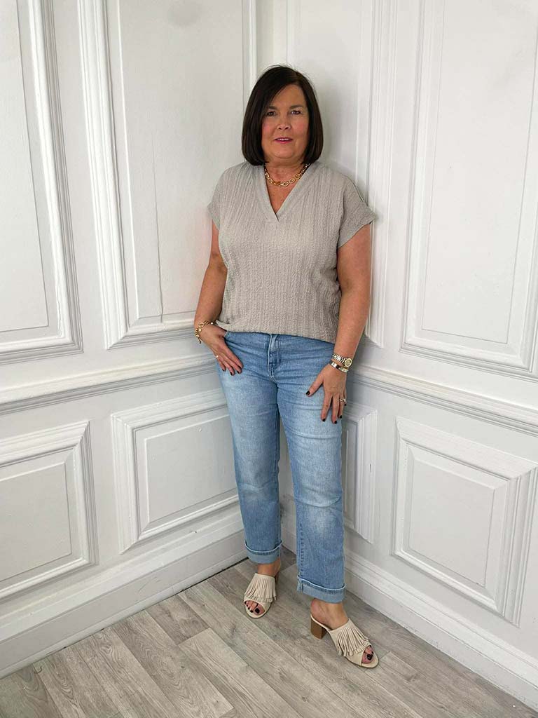 Textured V-Neck Top - Pebble