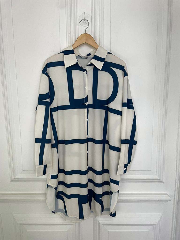 Agata Geometric Shirt Dress - White & Navy