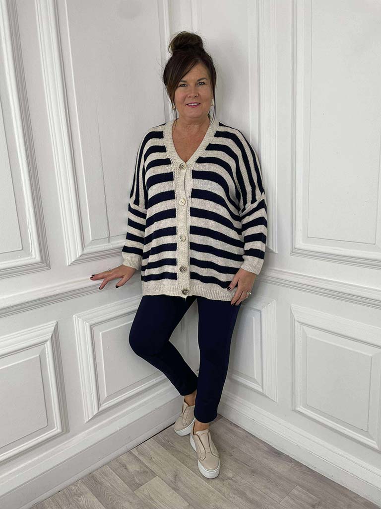 Oversized Striped Cardigan - Navy