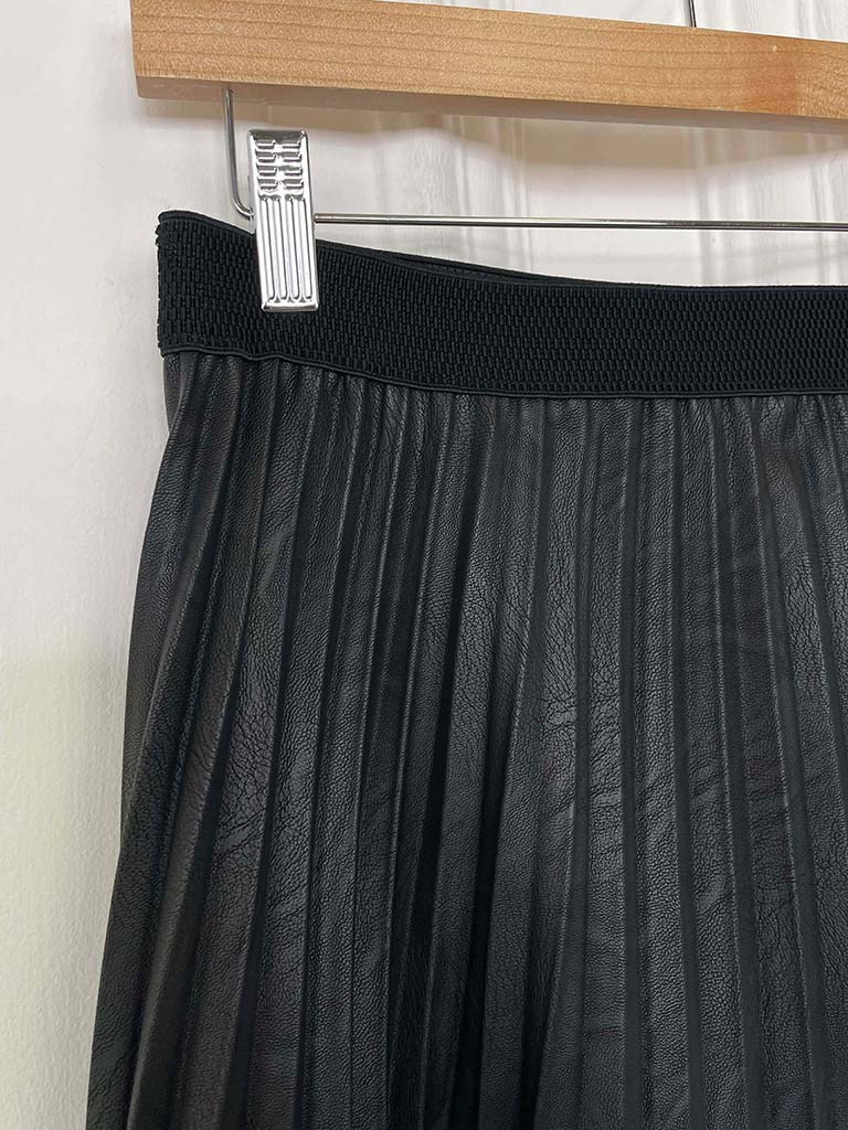 Faux Leather & Tulle Pleat Skirt - Black
