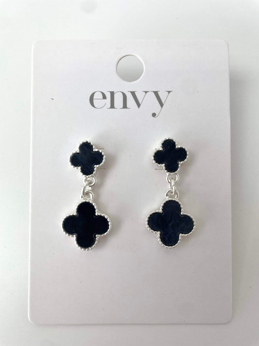 Envy Double Clover Drop Earrings - Silver & Black