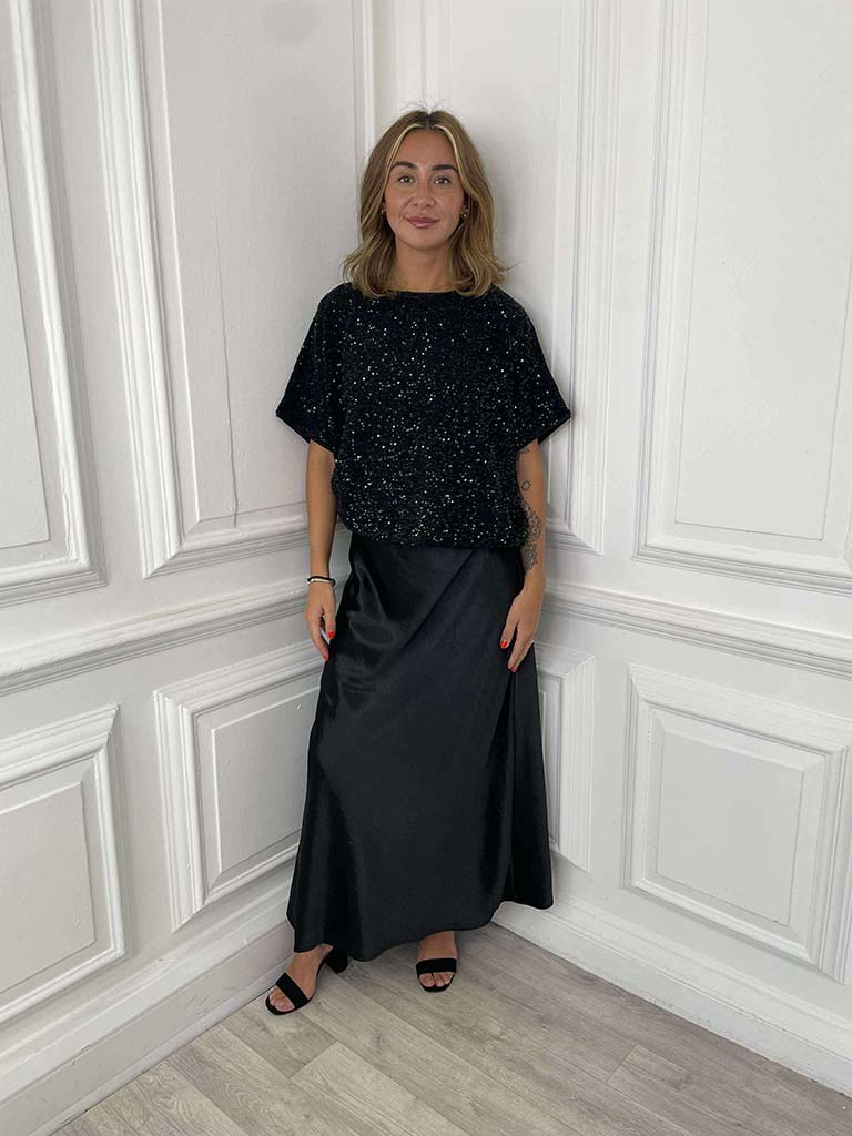 A-Line Bias Satin Skirt - Black