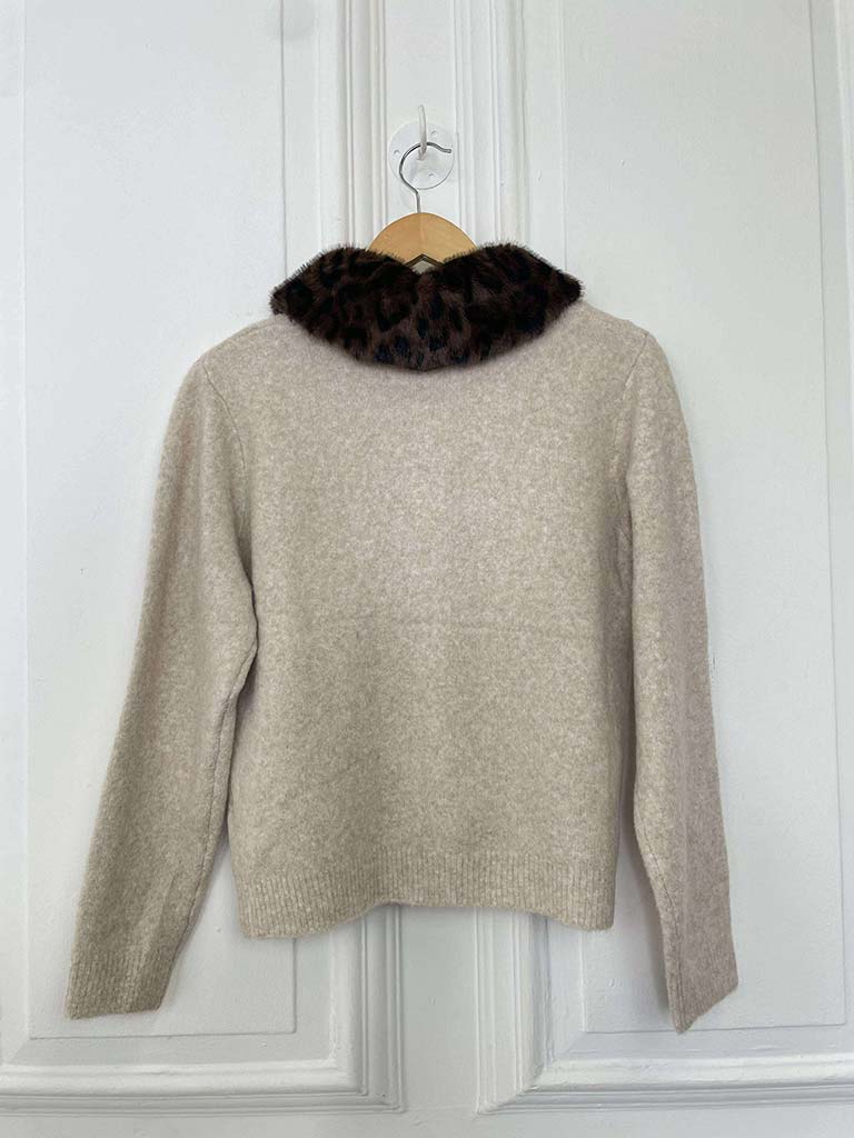 Faux Fur Collar Cardigan - Stone