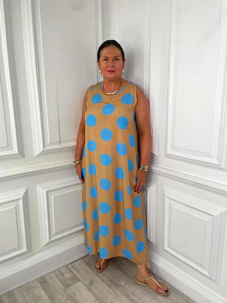 Spotty Sleeveless Dress - Caramel & Blue
