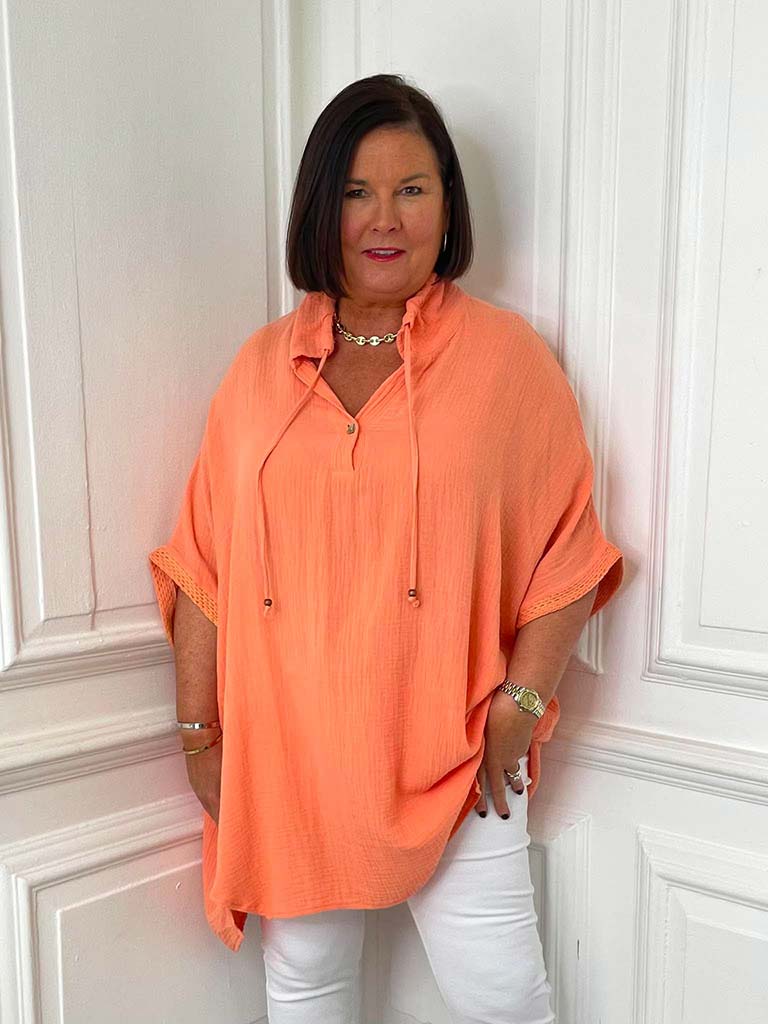 Drawstring Collar Oversized Tunic - Apricot