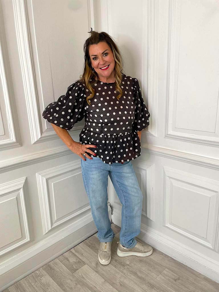 Polka Dot Puff Sleeve Top - Black