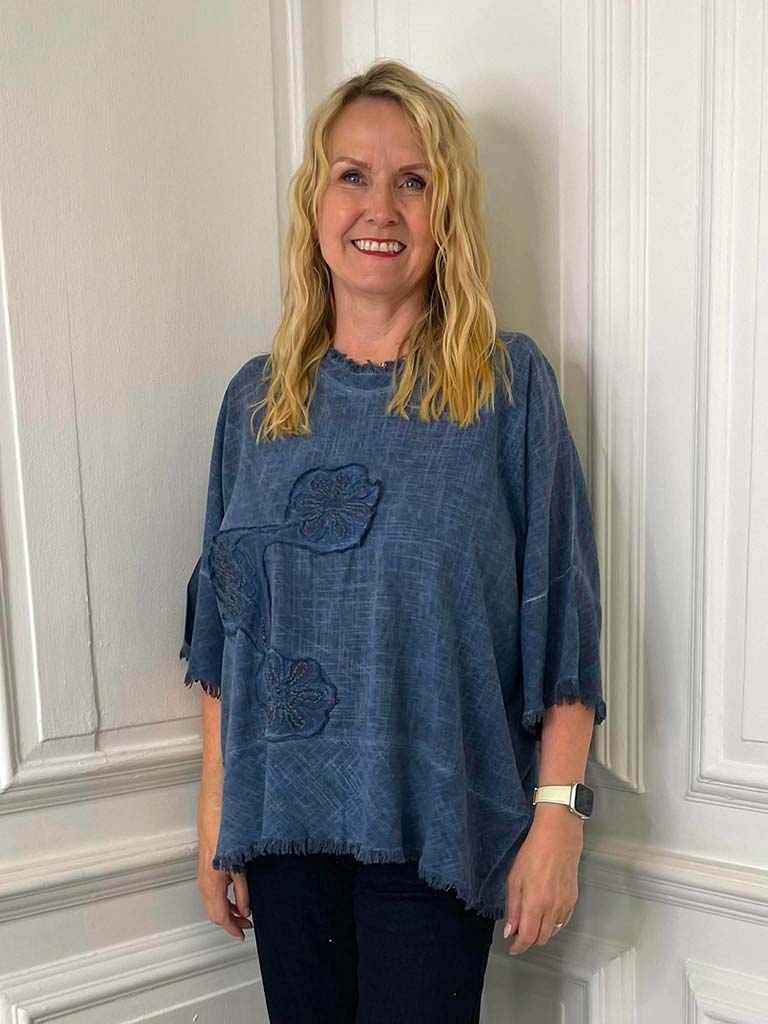 Flower Stitch Raw Edge Top - Denim