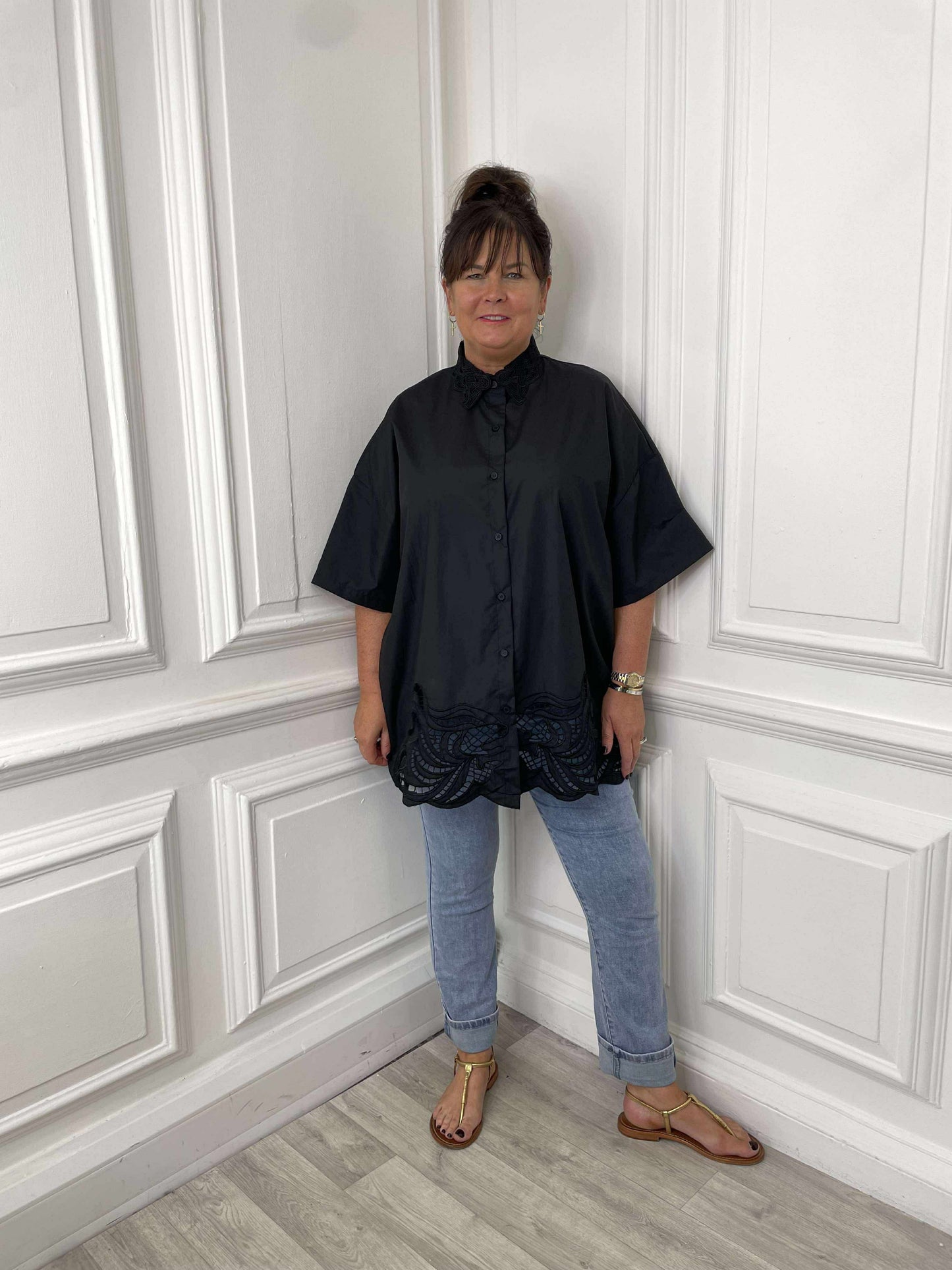 Broderie Anglaise Oversized Shirt - Black