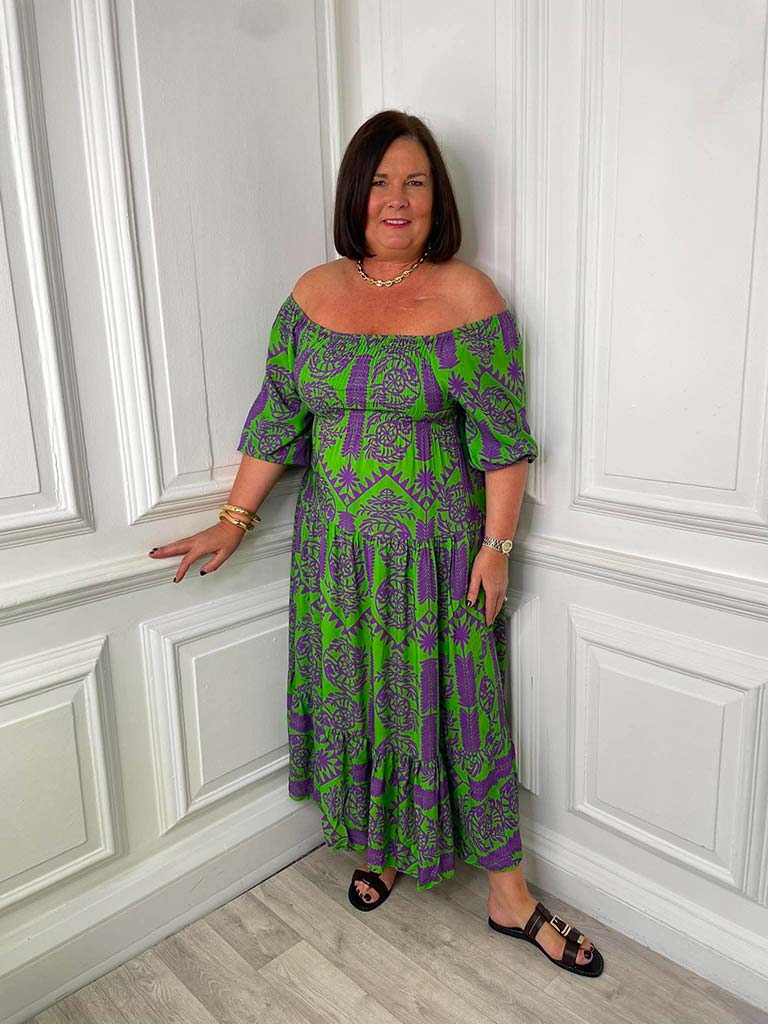 Forest Fern Bardot Dress - Green & Purple