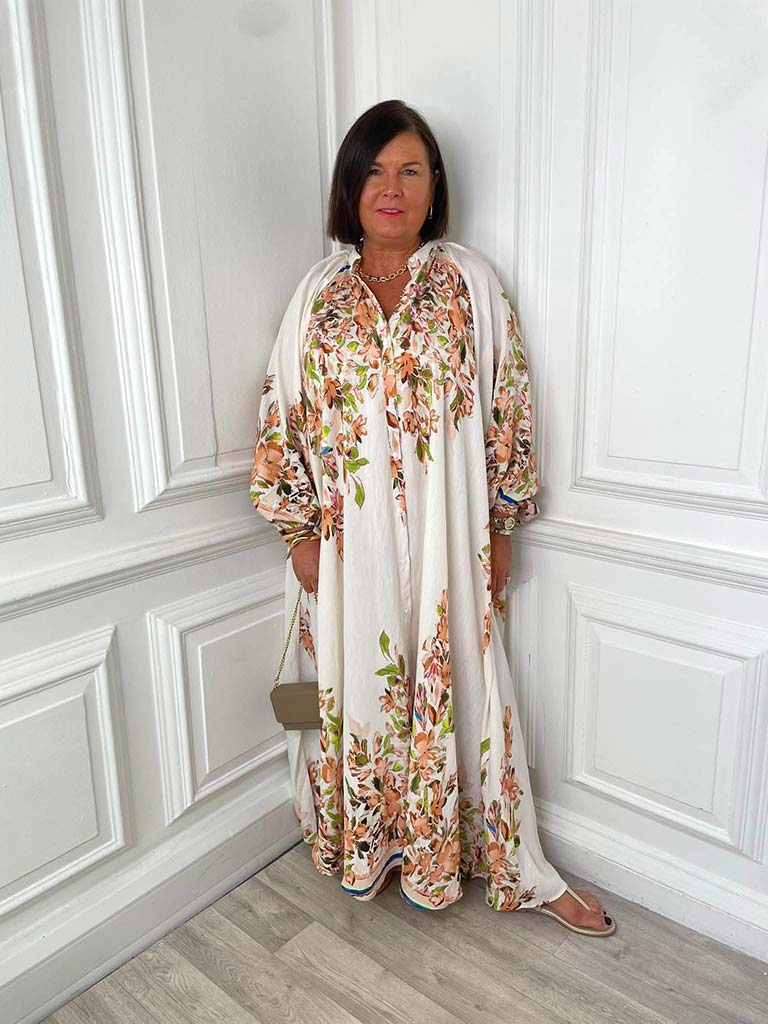 Oversized Floral Maxi Dress - Beige