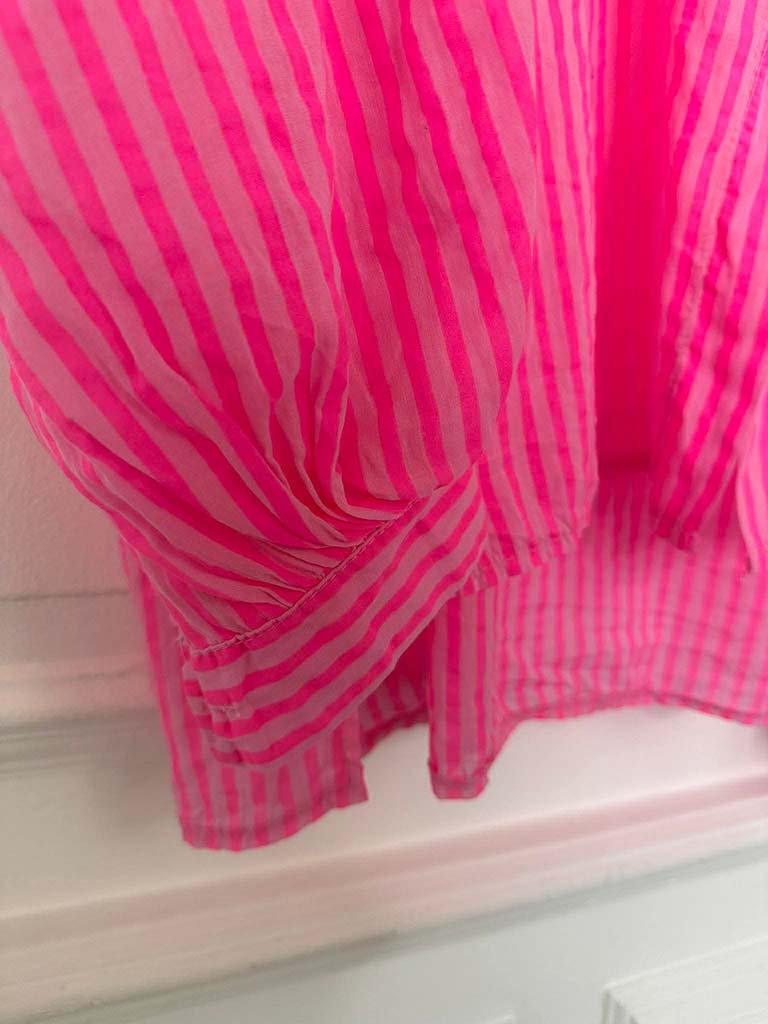 Balloon Sleeve Stripe Blouse - Neon Pink