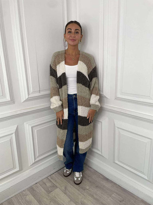 Teddy Stripe Cardigan - Stone & Mocha