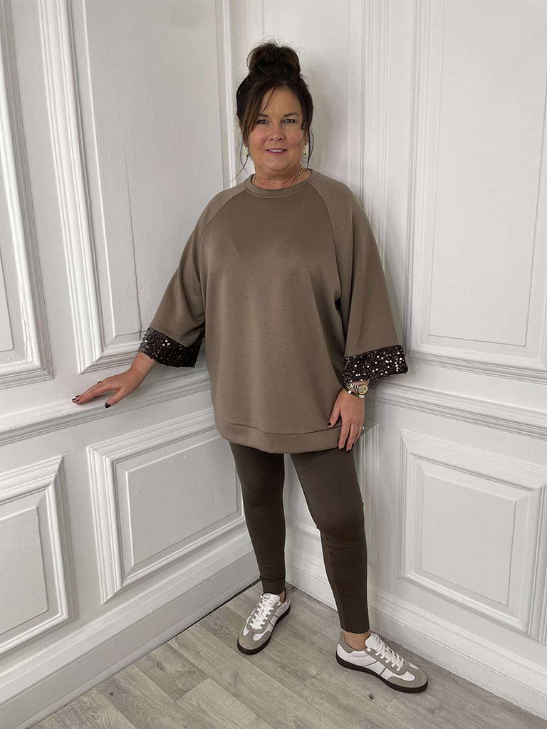 Sequin Cuff Sweatshirt - Mocha