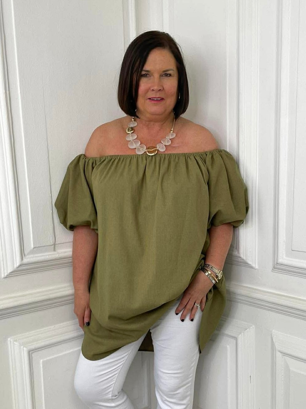 Bardot Puff Sleeve Tunic - Khaki