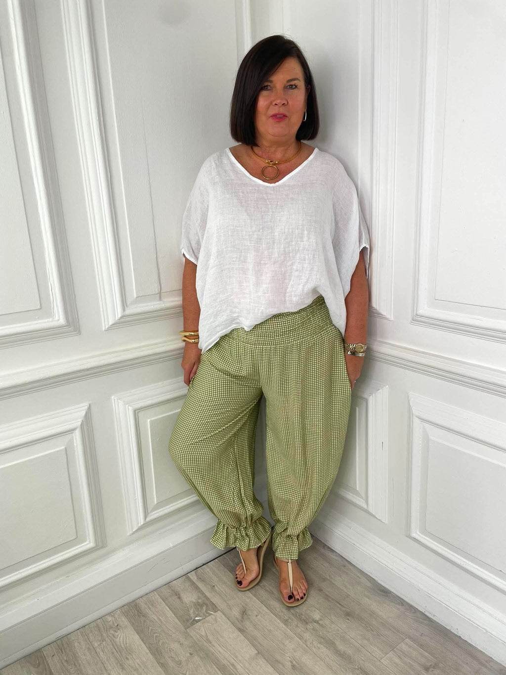 Gingham Ruffle Hem Pants - Avocado