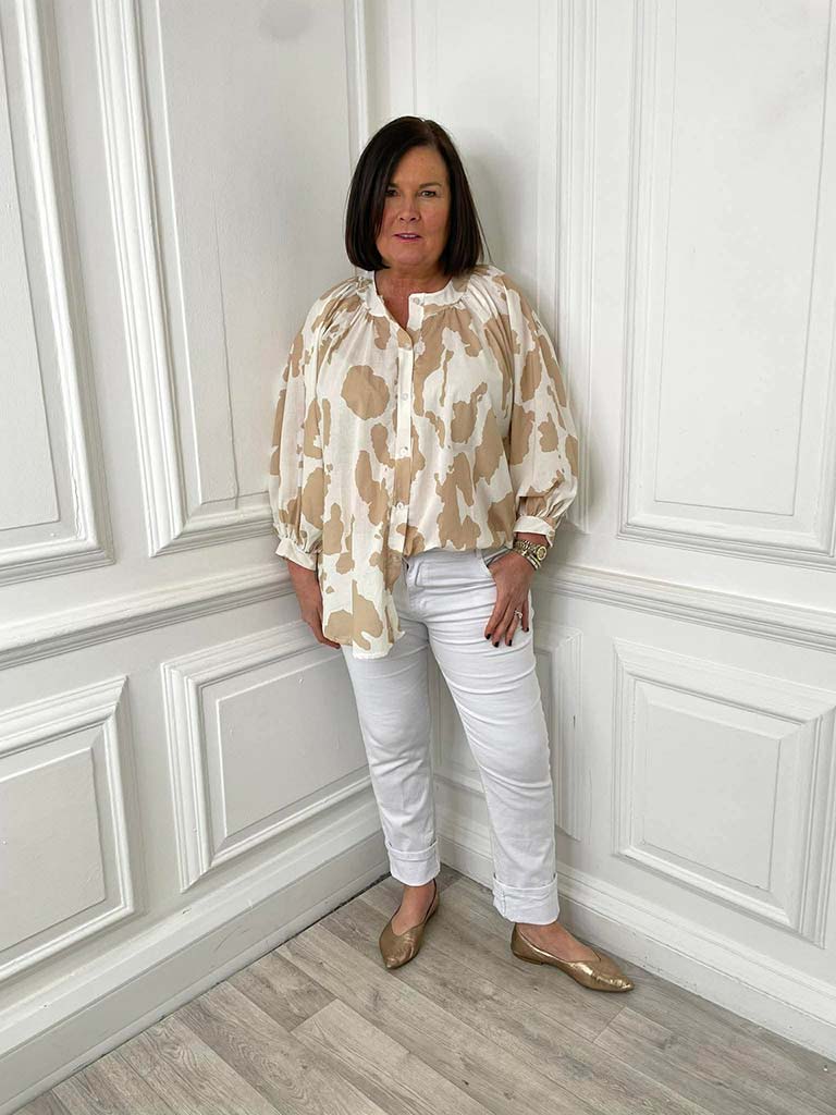 Balloon Sleeve Cow Print Blouse - Stone