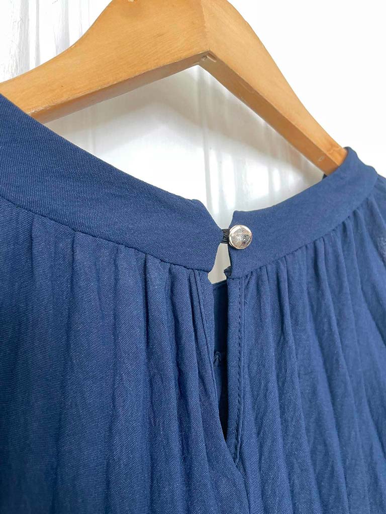 Pleated Flower Midi Dress - Navy