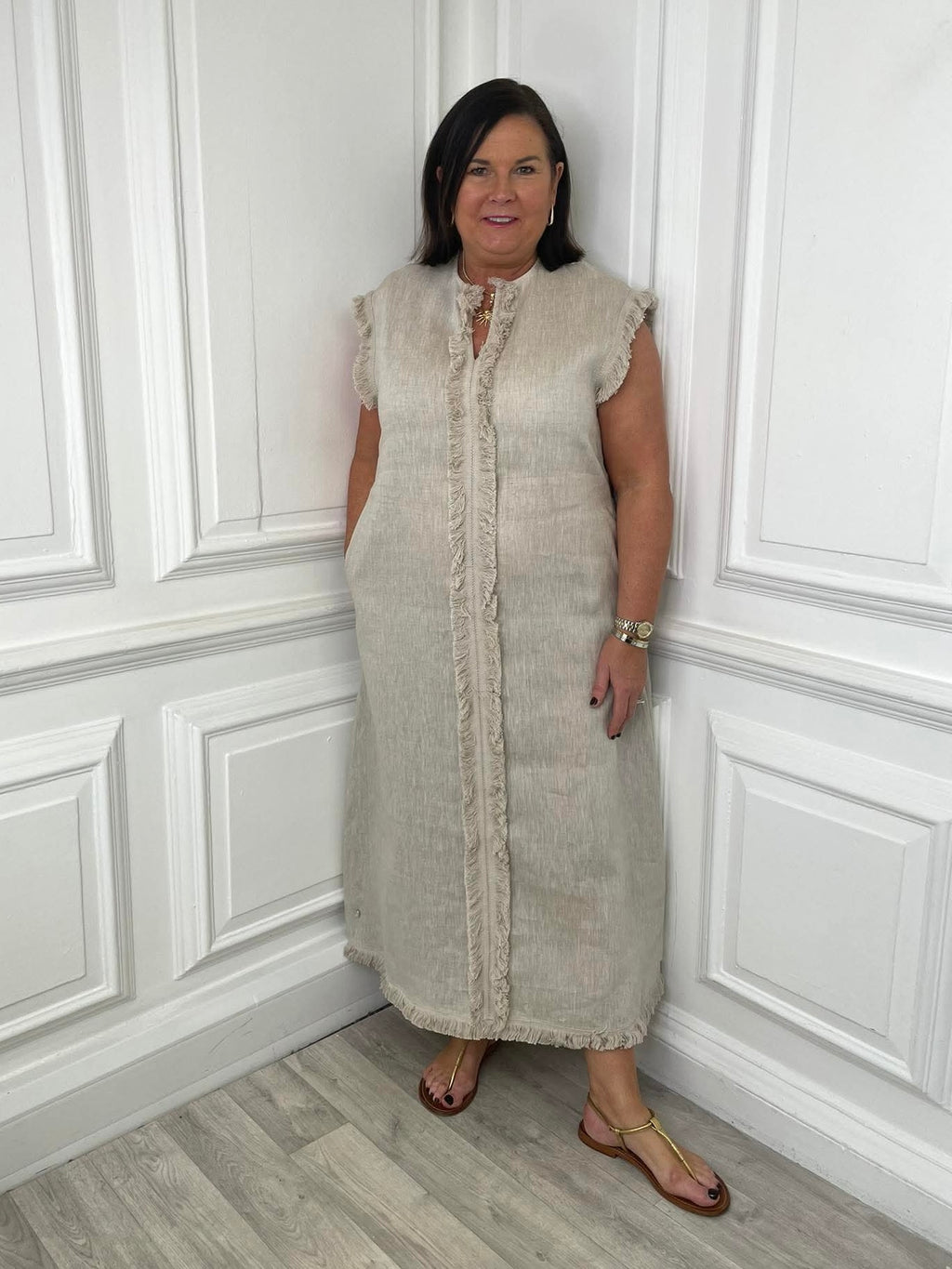 Stone linen raw edge dress with front button detail and relaxed fit, ideal for womens fashion everyday wear and modern. - Malissa J Linen Raw Edge Dress - Stone