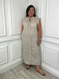 Stone linen raw edge dress with front button detail and relaxed fit, ideal for womens fashion everyday wear and modern. - Malissa J Linen Raw Edge Dress - Stone