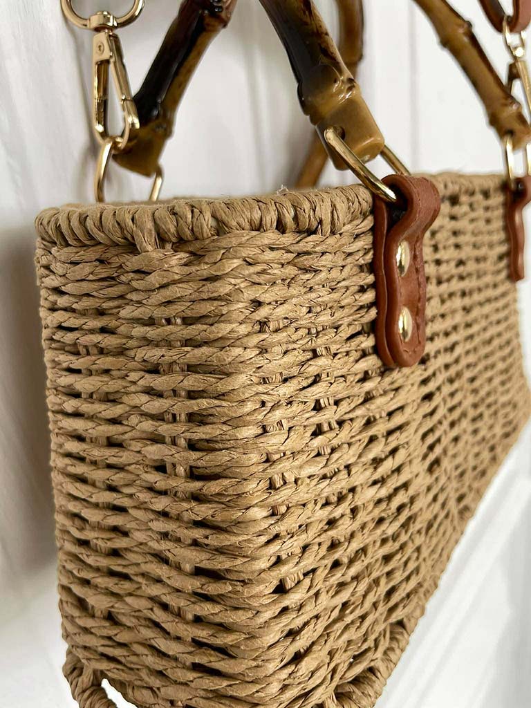 Bamboo Handle Rattan Bag - Caramel