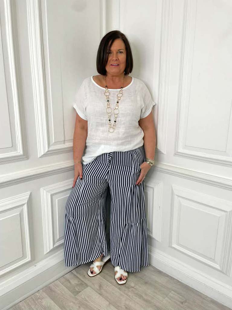 Wide Leg Stripe Palazzos - Navy