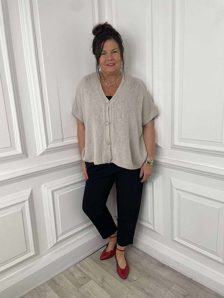 Embellished Button Tank Cardigan - Stone