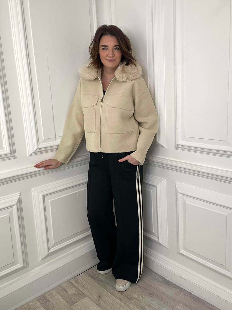 Faux Fur Collar Knitted Jacket - Stone