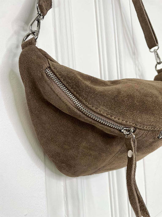 Suede Double Zip Cross Body Bag - Mocha