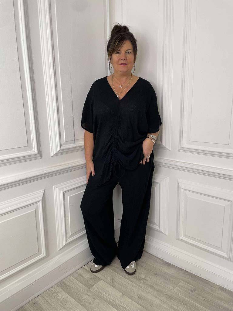 Seersucker Wide Leg Trousers - Black