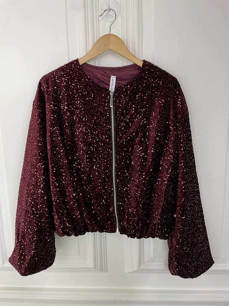 Sequin Bomber Jacket - Burgundy