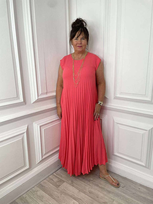 Pleat Maxi Dress - Coral