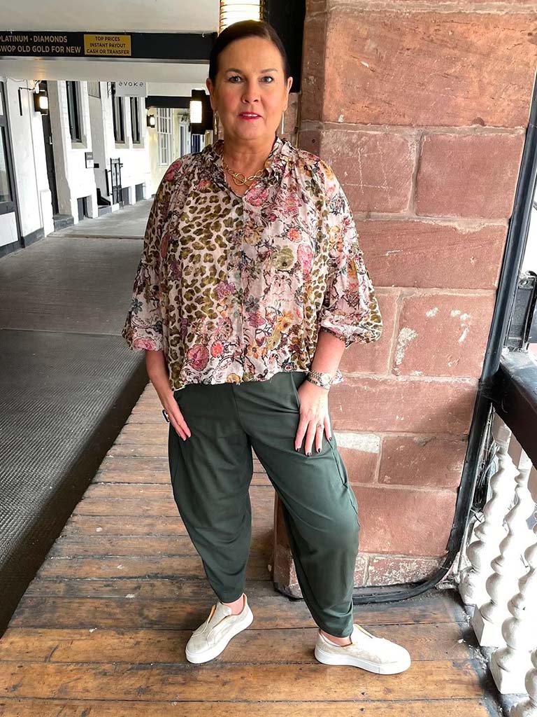 Floral & Animal Print Blouse - Olive