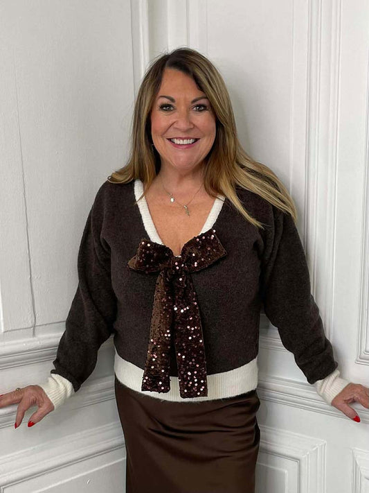 V-Neck Sequin Bow Knit - Chocolate