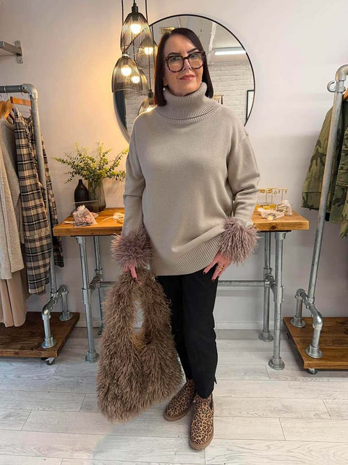 Malissa J Mongolian Fur Cuffed Knit - Stone