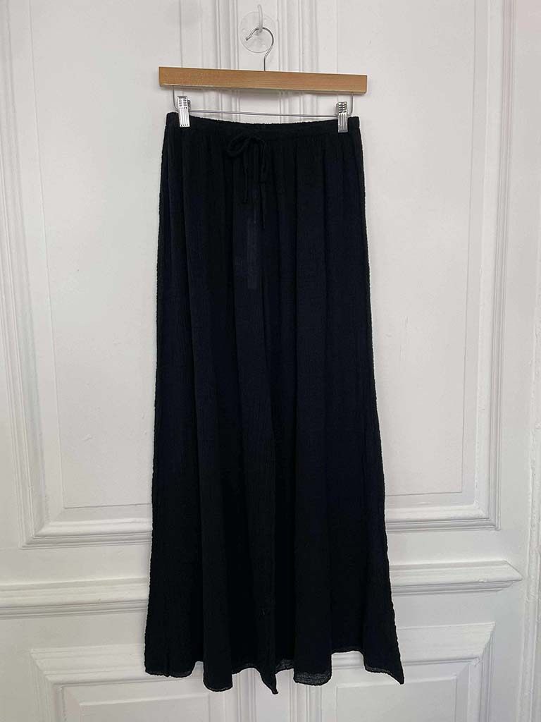 Seersucker Wide Leg Trousers - Black