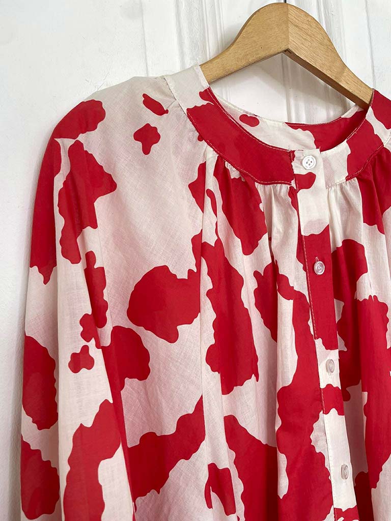 Balloon Sleeve Cow Print Blouse - Red