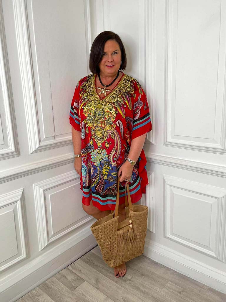 Ornate Kaftan Dress - Red