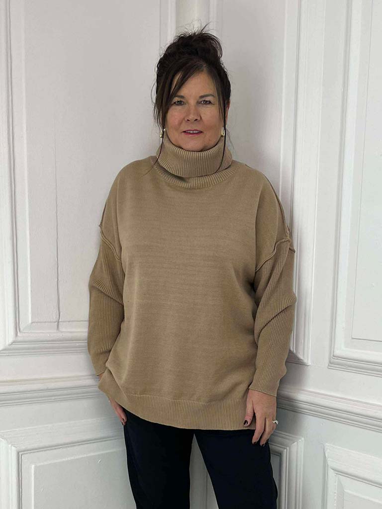 Malissa J Exposed Seam Polo Knit - Camel